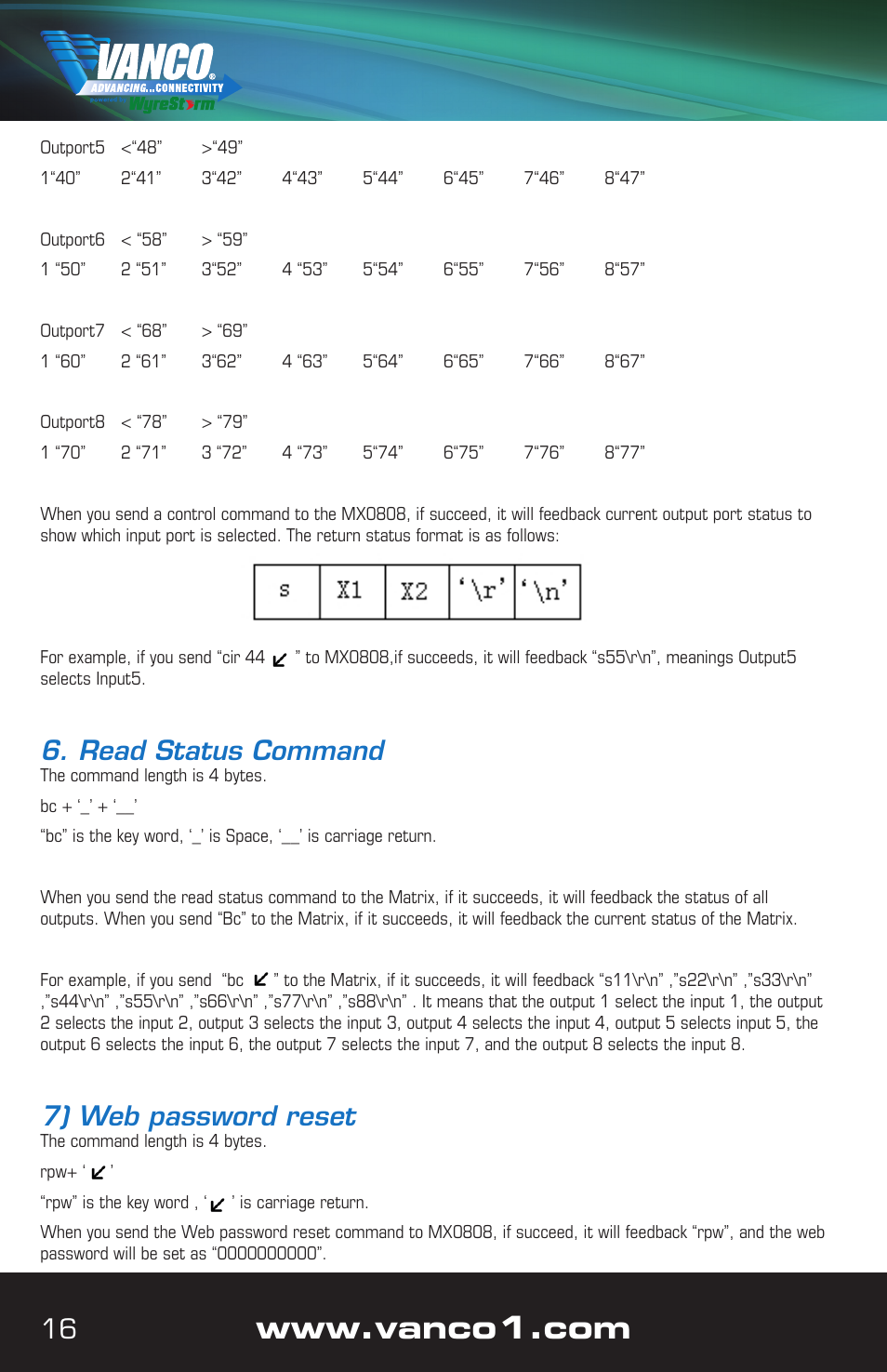 Read status command, 7) web password reset | VANCO VPW-280759 User Manual | Page 16 / 32