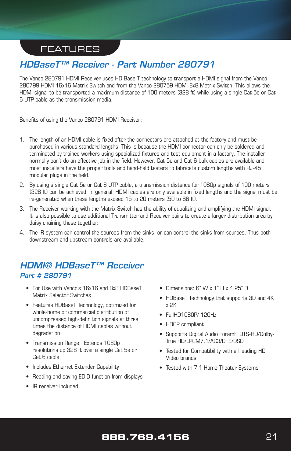 Hdmi® hdbaset™ receiver, Features | VANCO VPW-280759 User Manual | Page 21 / 32