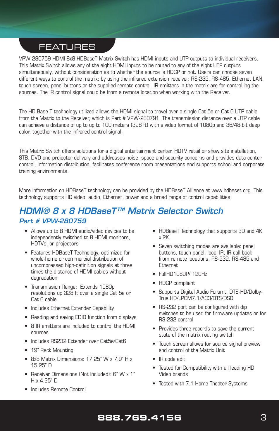 Hdmi® 8 x 8 hdbaset™ matrix selector switch, Features | VANCO VPW-280759 User Manual | Page 3 / 32