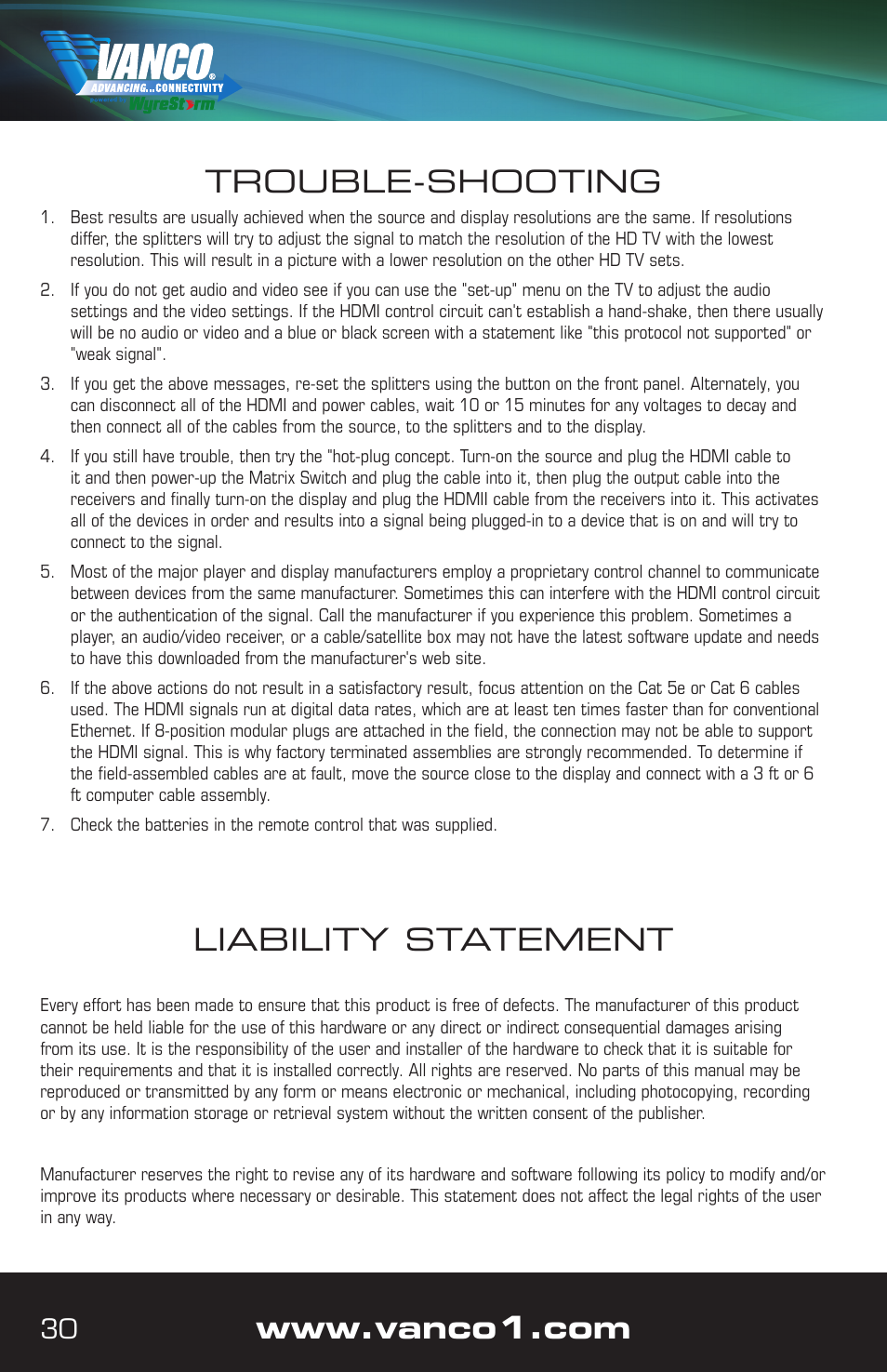 Liability statement, Trouble-shooting | VANCO VPW-280759 User Manual | Page 30 / 32