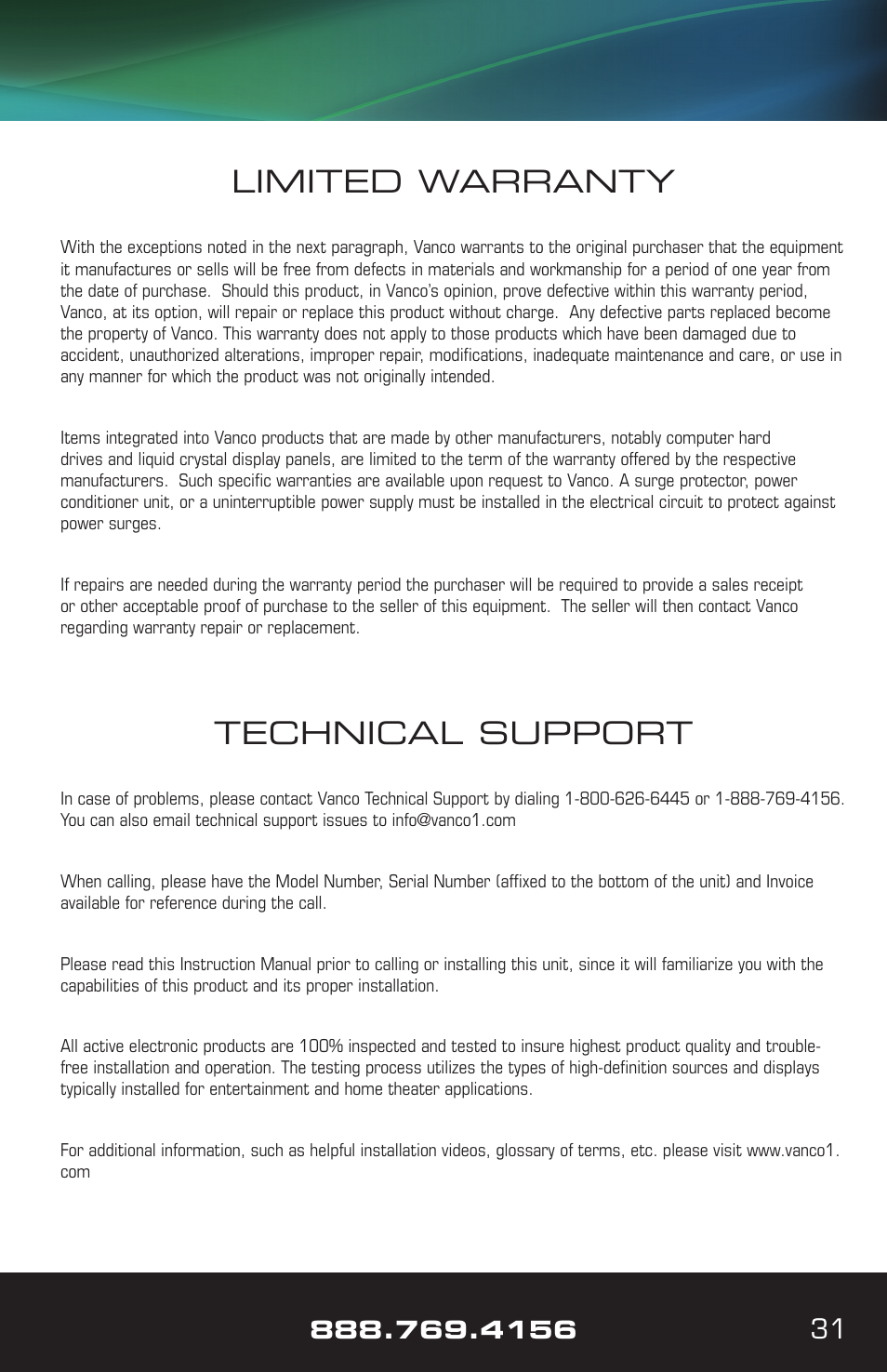 Technical support, Limited warranty | VANCO VPW-280759 User Manual | Page 31 / 32