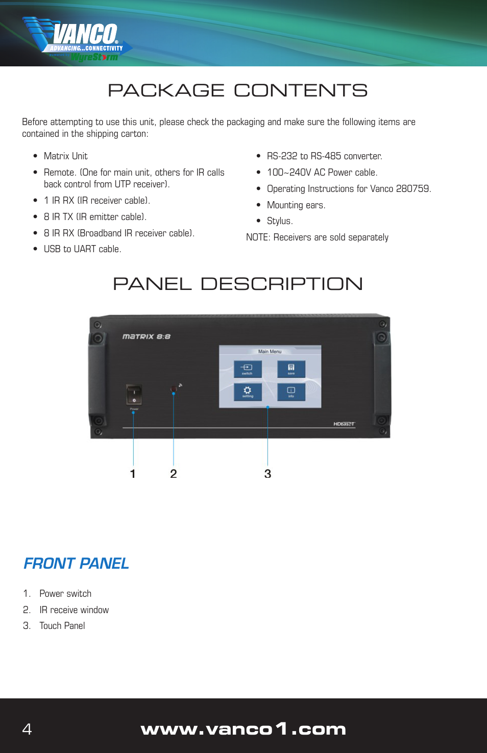 Package contents, Panel description, Front panel | VANCO VPW-280759 User Manual | Page 4 / 32