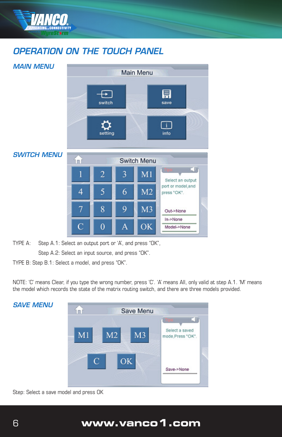 6operation on the touch panel | VANCO VPW-280759 User Manual | Page 6 / 32
