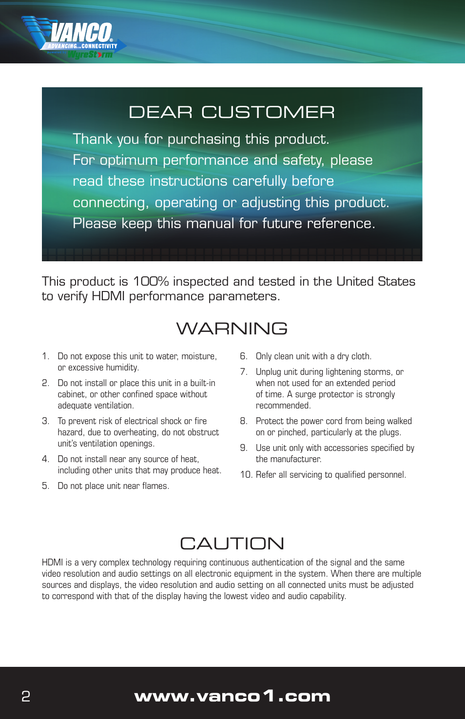 Caution, Warning dear customer | VANCO VPW-280795 User Manual | Page 2 / 8