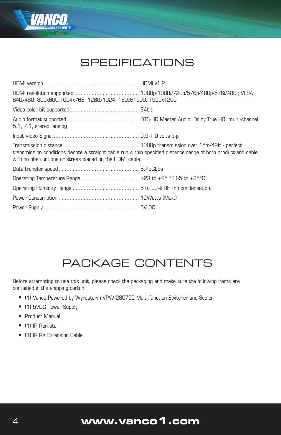 Package contents, Specifications | VANCO VPW-280795 User Manual | Page 4 / 8