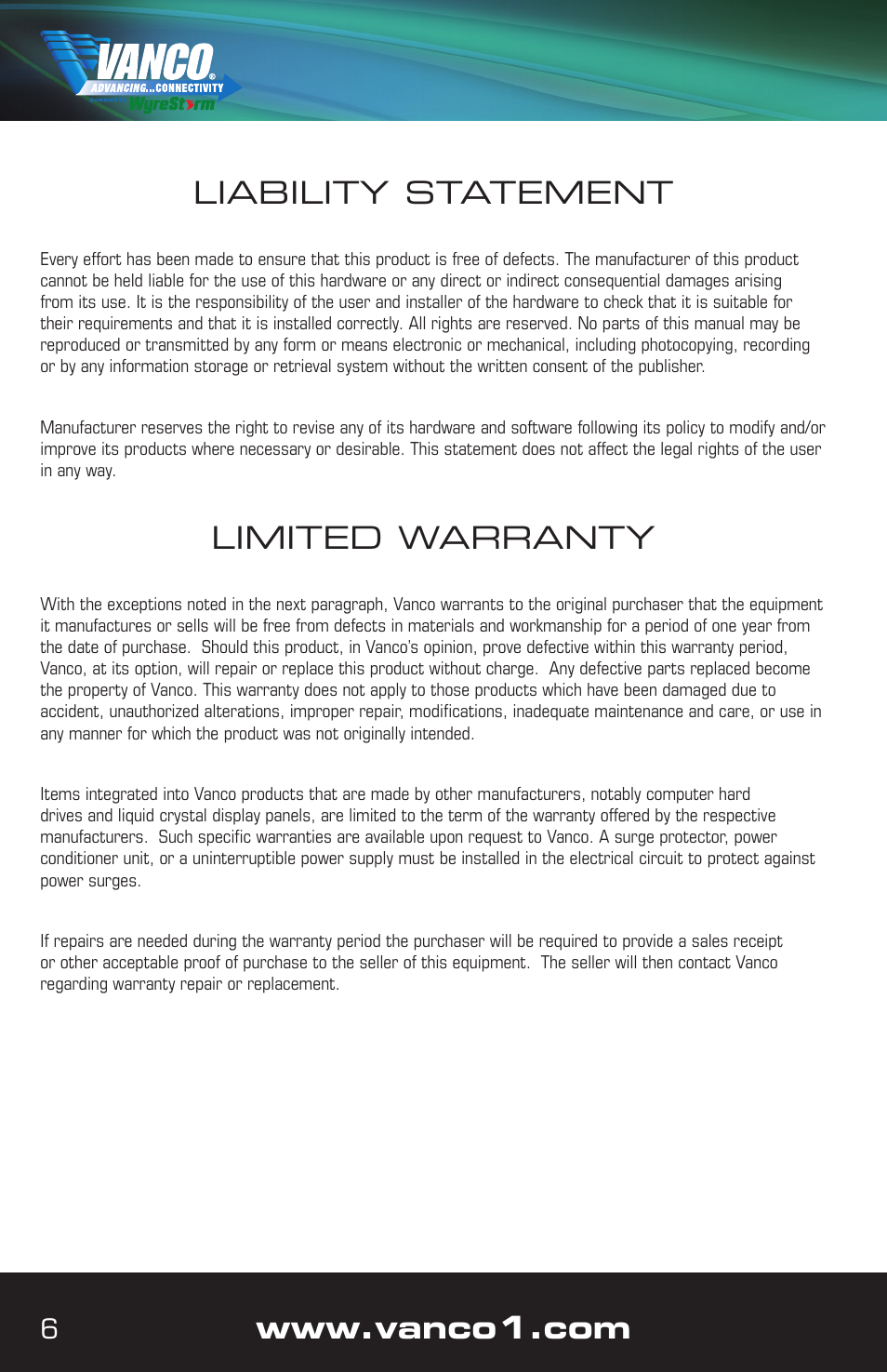 Liability statement, Limited warranty | VANCO VPW-280795 User Manual | Page 6 / 8