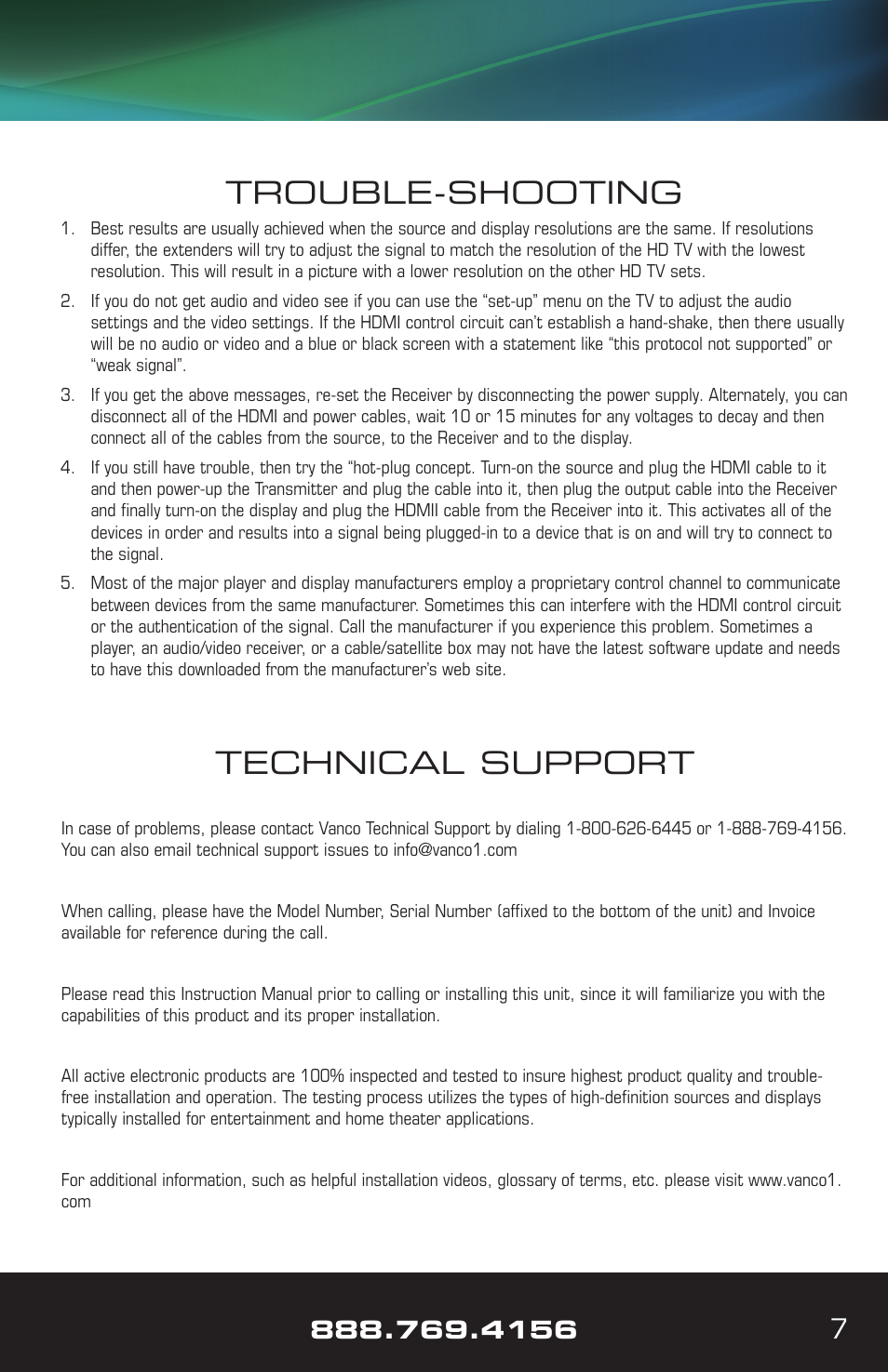 Trouble-shooting, Technical support | VANCO VPW-280795 User Manual | Page 7 / 8