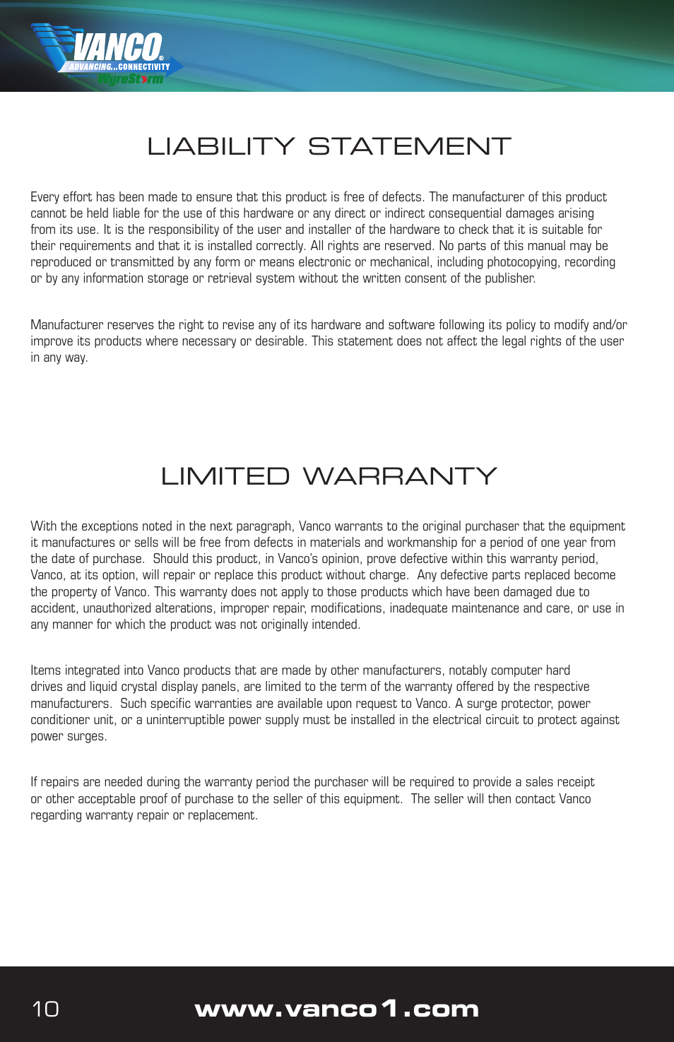 Liability statement, Limited warranty | VANCO VPW-280577 User Manual | Page 10 / 12