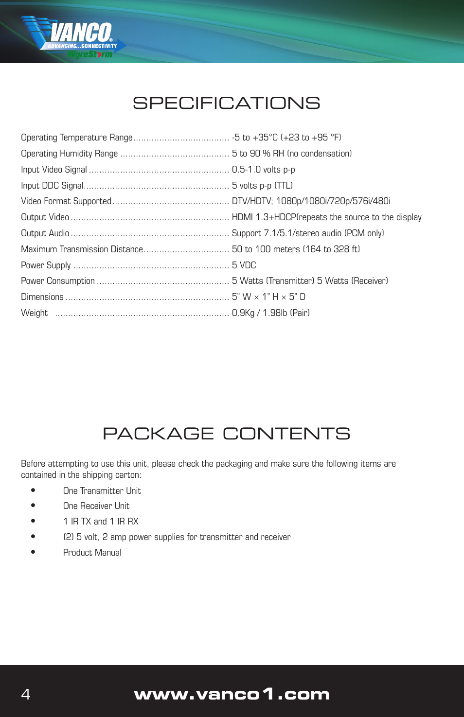 Package contents, Specifications | VANCO VPW-280577 User Manual | Page 4 / 12