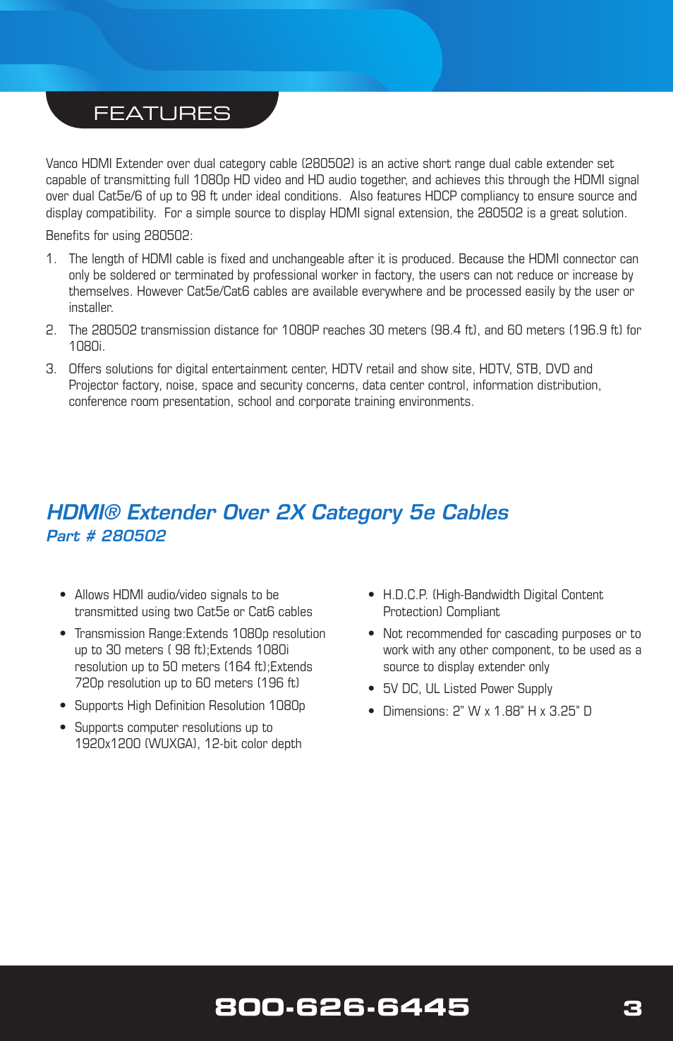 Hdmi® extender over 2x category 5e cables, Features | VANCO 280502 User Manual | Page 3 / 8
