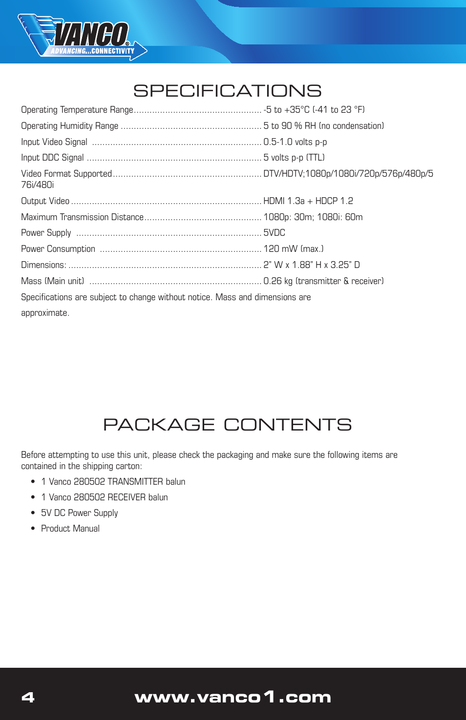 Package contents, Specifications | VANCO 280502 User Manual | Page 4 / 8