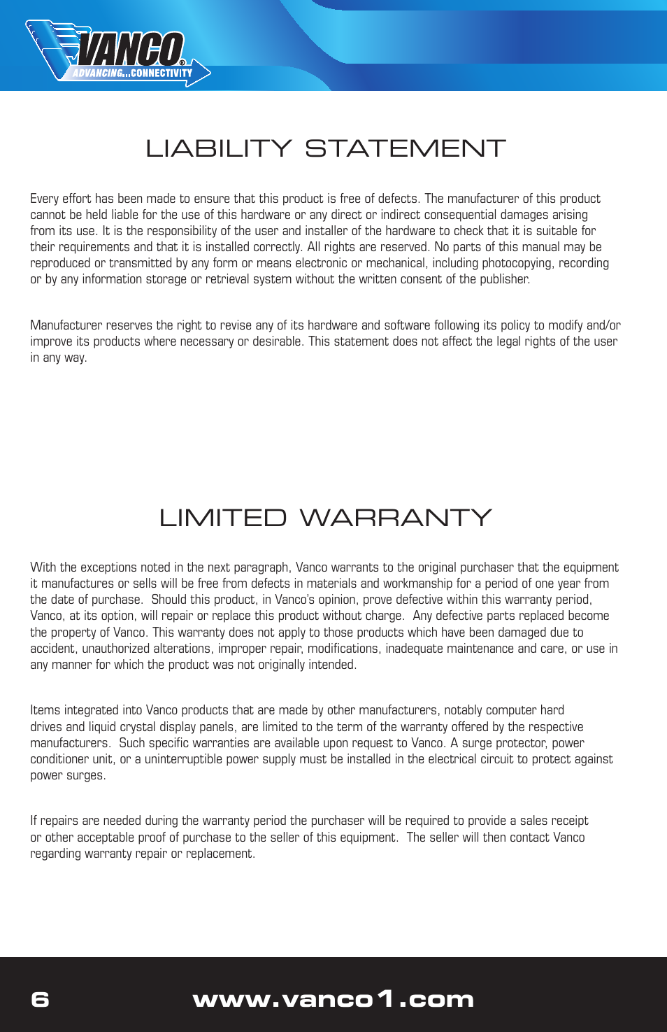 Limited warranty, Liability statement | VANCO 280502 User Manual | Page 6 / 8