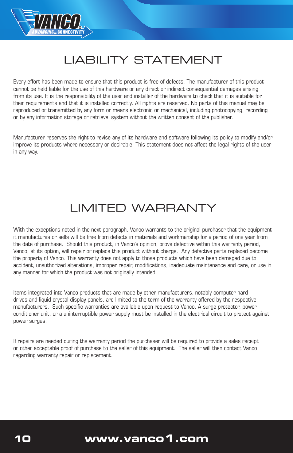 Limited warranty, Liability statement | VANCO 280714 (1x4) User Manual | Page 10 / 12