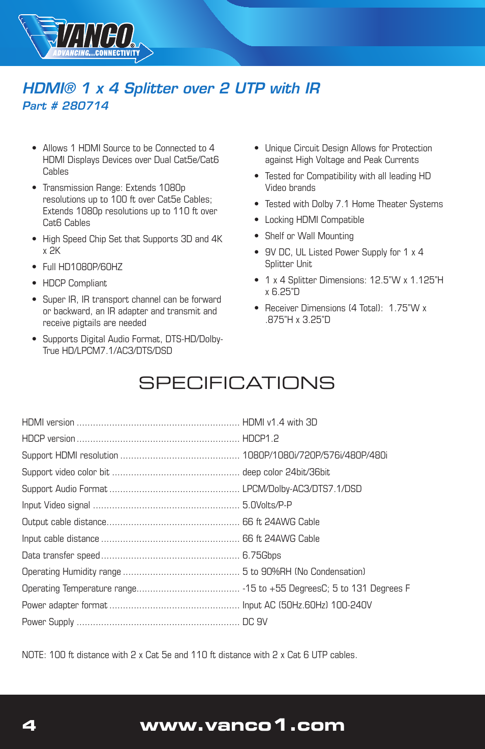 Specifications, 4hdmi® 1 x 4 splitter over 2 utp with ir | VANCO 280714 (1x4) User Manual | Page 4 / 12