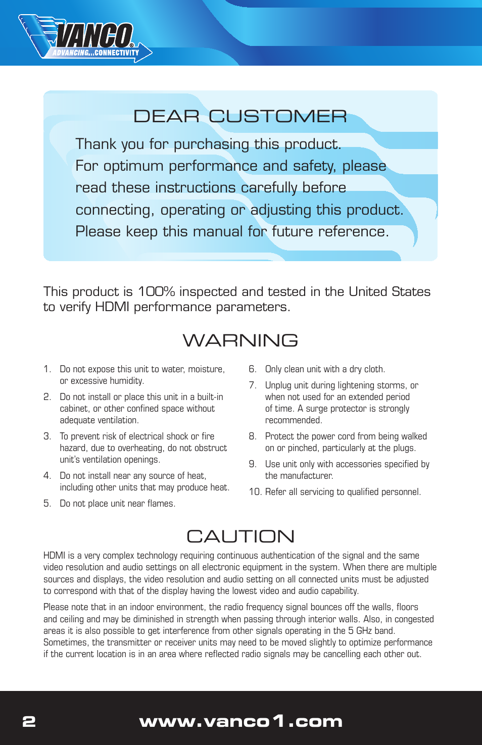 Caution, Warning dear customer | VANCO VPW-280767 User Manual | Page 2 / 8