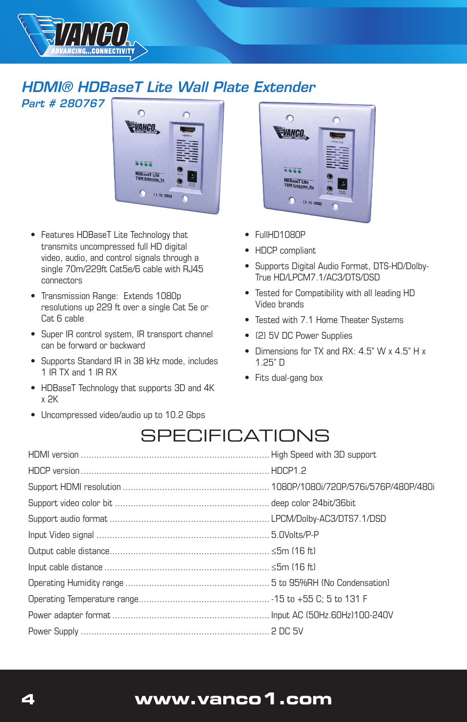 Specifications, Hdmi® hdbaset lite wall plate extender | VANCO VPW-280767 User Manual | Page 4 / 8