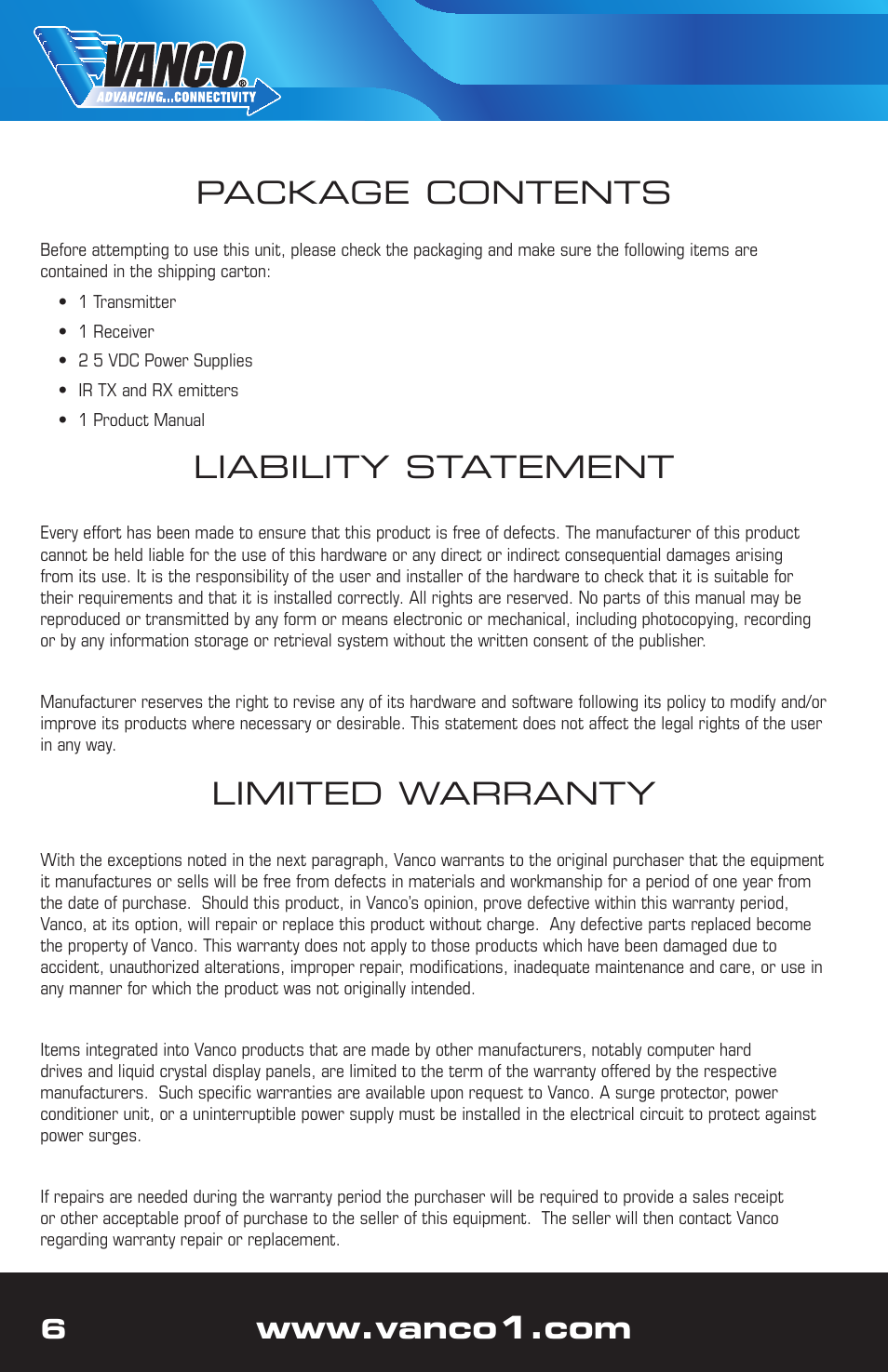 Limited warranty, Liability statement, Package contents | VANCO VPW-280767 User Manual | Page 6 / 8