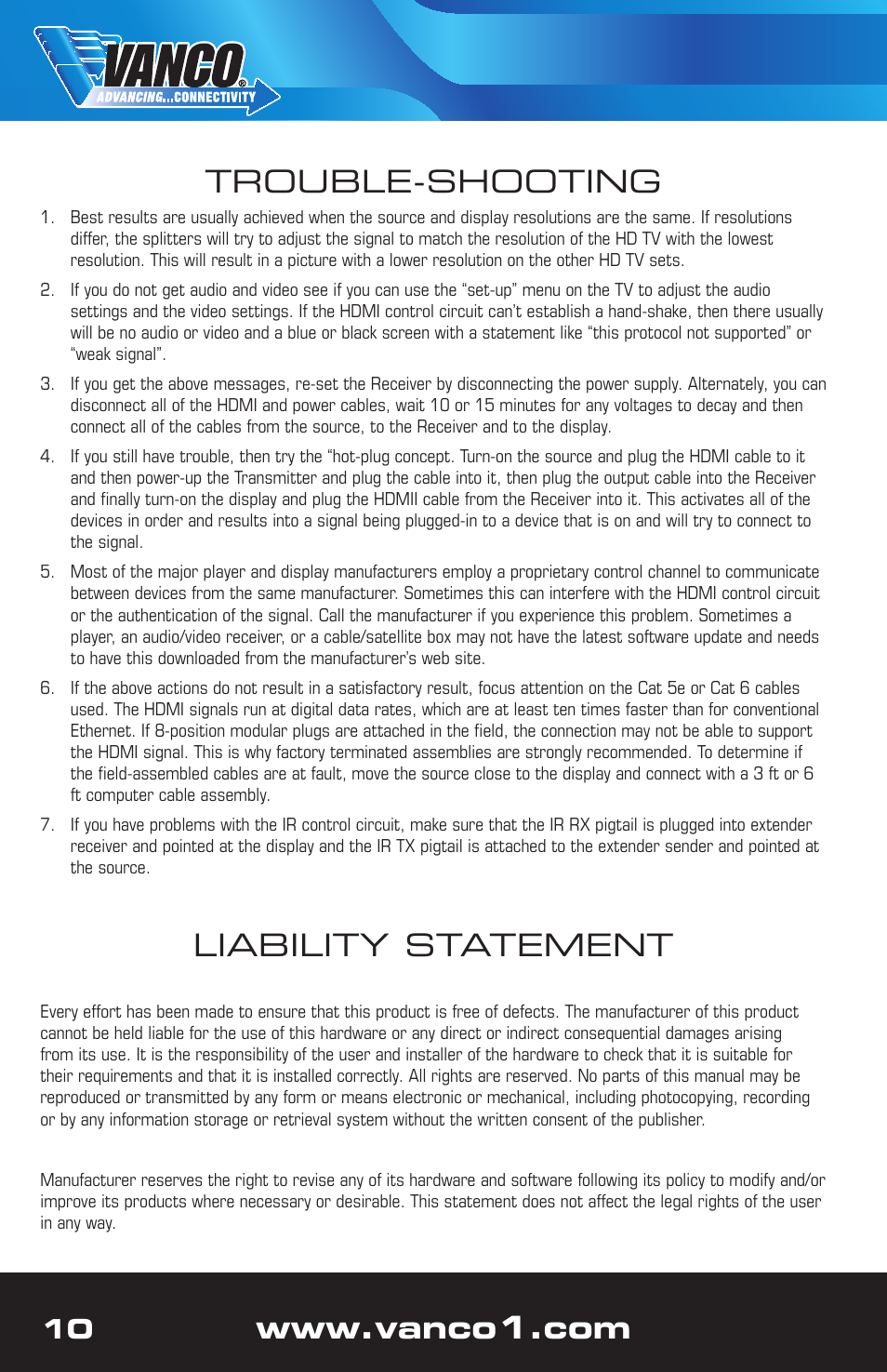 Liability statement, Trouble-shooting | VANCO 280715 (100ft wall plate) User Manual | Page 10 / 12