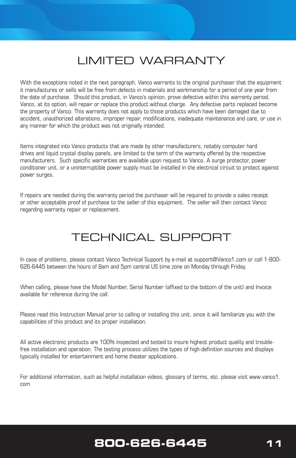 Technical support, Limited warranty | VANCO 280715 (100ft wall plate) User Manual | Page 11 / 12