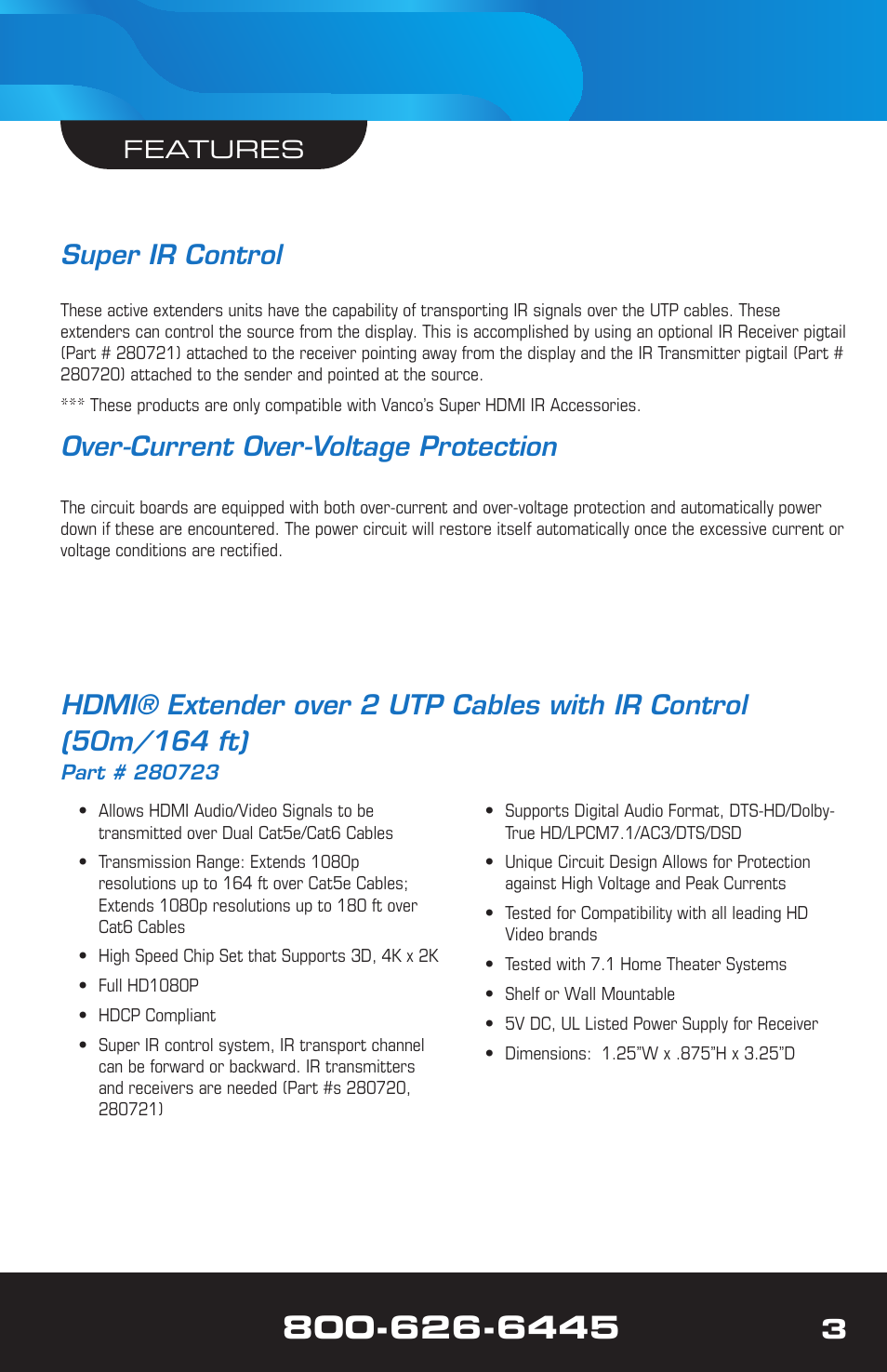 Super ir control, Over-current over-voltage protection, Features | VANCO 280715 (100ft wall plate) User Manual | Page 3 / 12