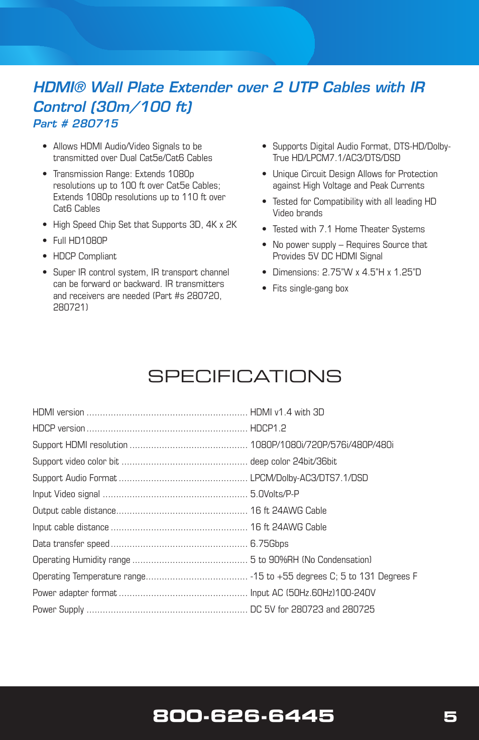 Specifications | VANCO 280715 (100ft wall plate) User Manual | Page 5 / 12
