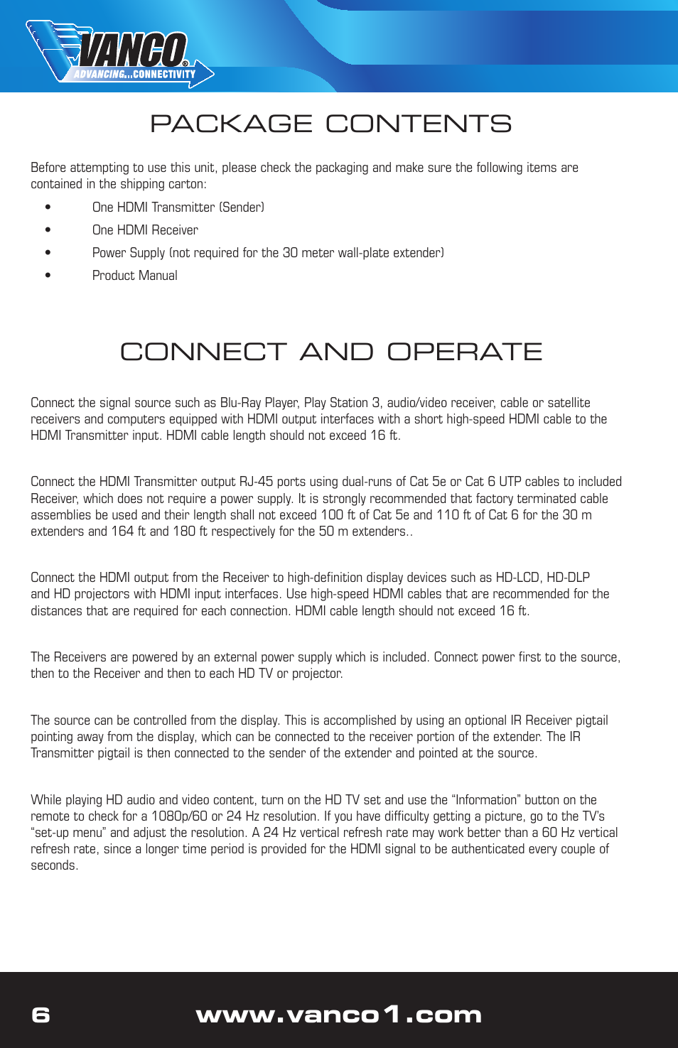 Connect and operate, Package contents | VANCO 280715 (100ft wall plate) User Manual | Page 6 / 12