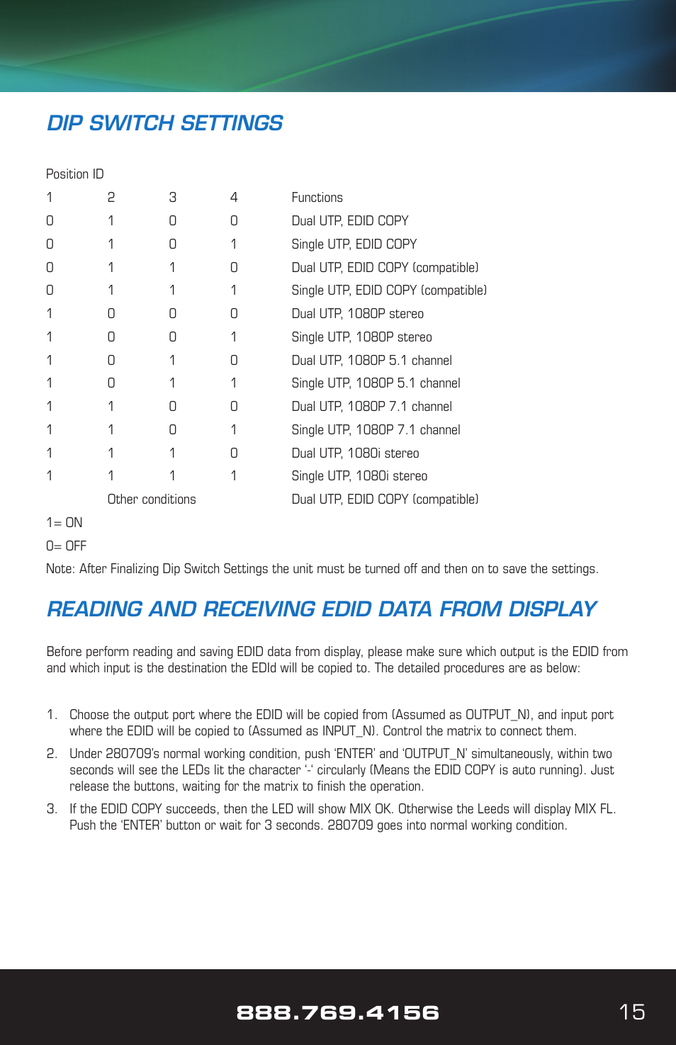 15 dip switch settings, Reading and receiving edid data from display | VANCO VPW-280709 (8X8) User Manual | Page 15 / 20