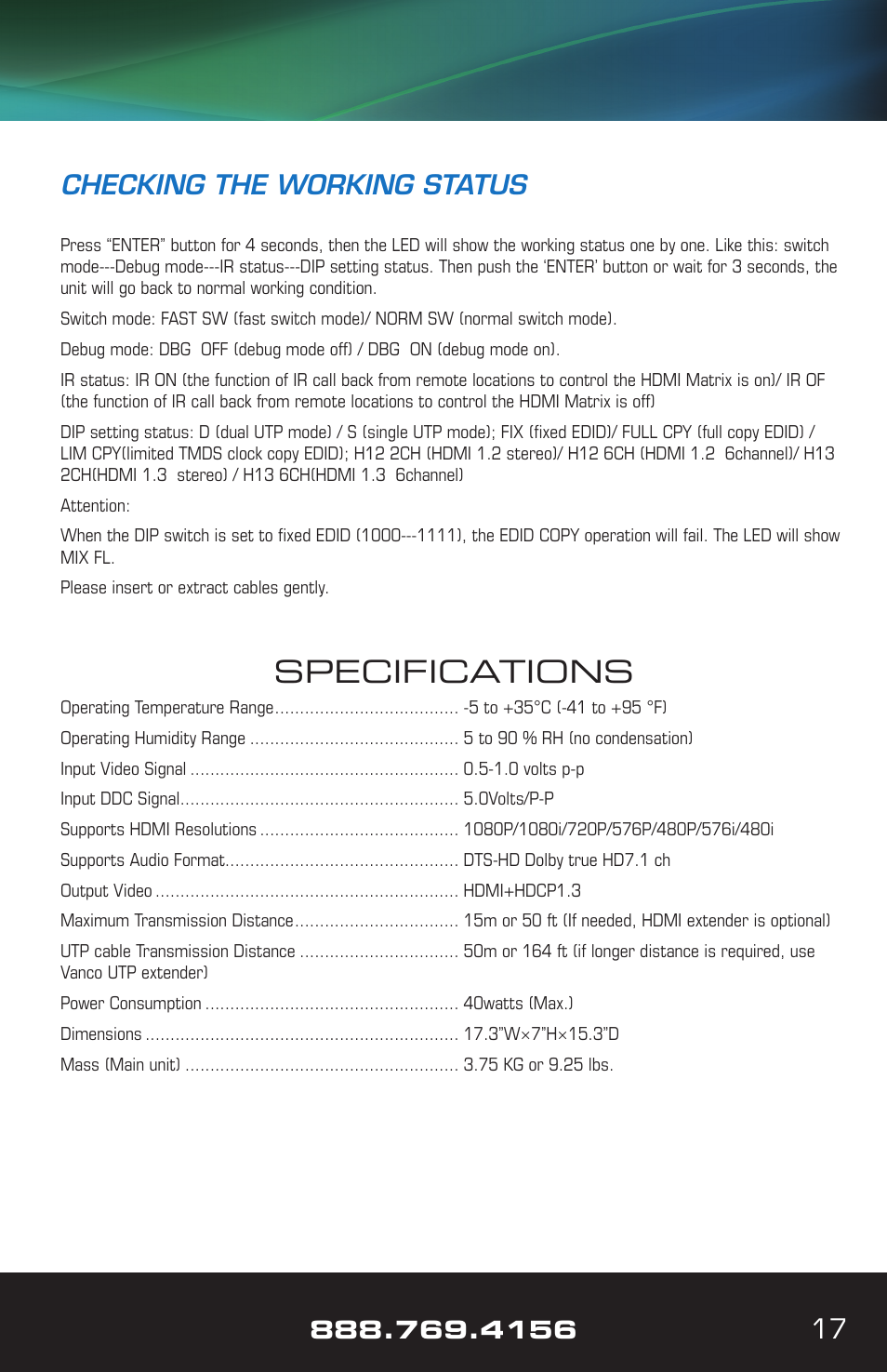 Specifications | VANCO VPW-280709 (8X8) User Manual | Page 17 / 20