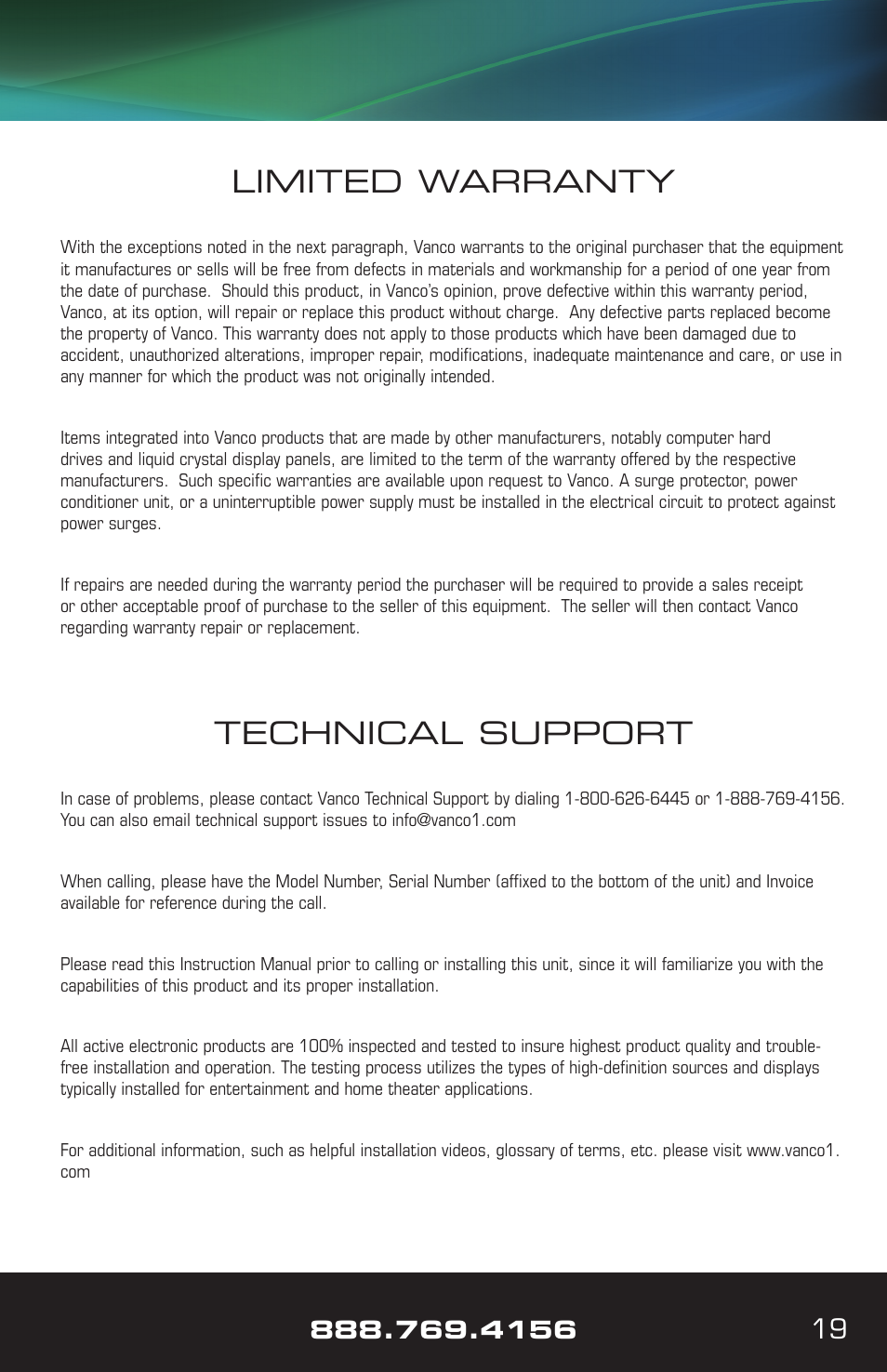 Technical support, Limited warranty | VANCO VPW-280709 (8X8) User Manual | Page 19 / 20