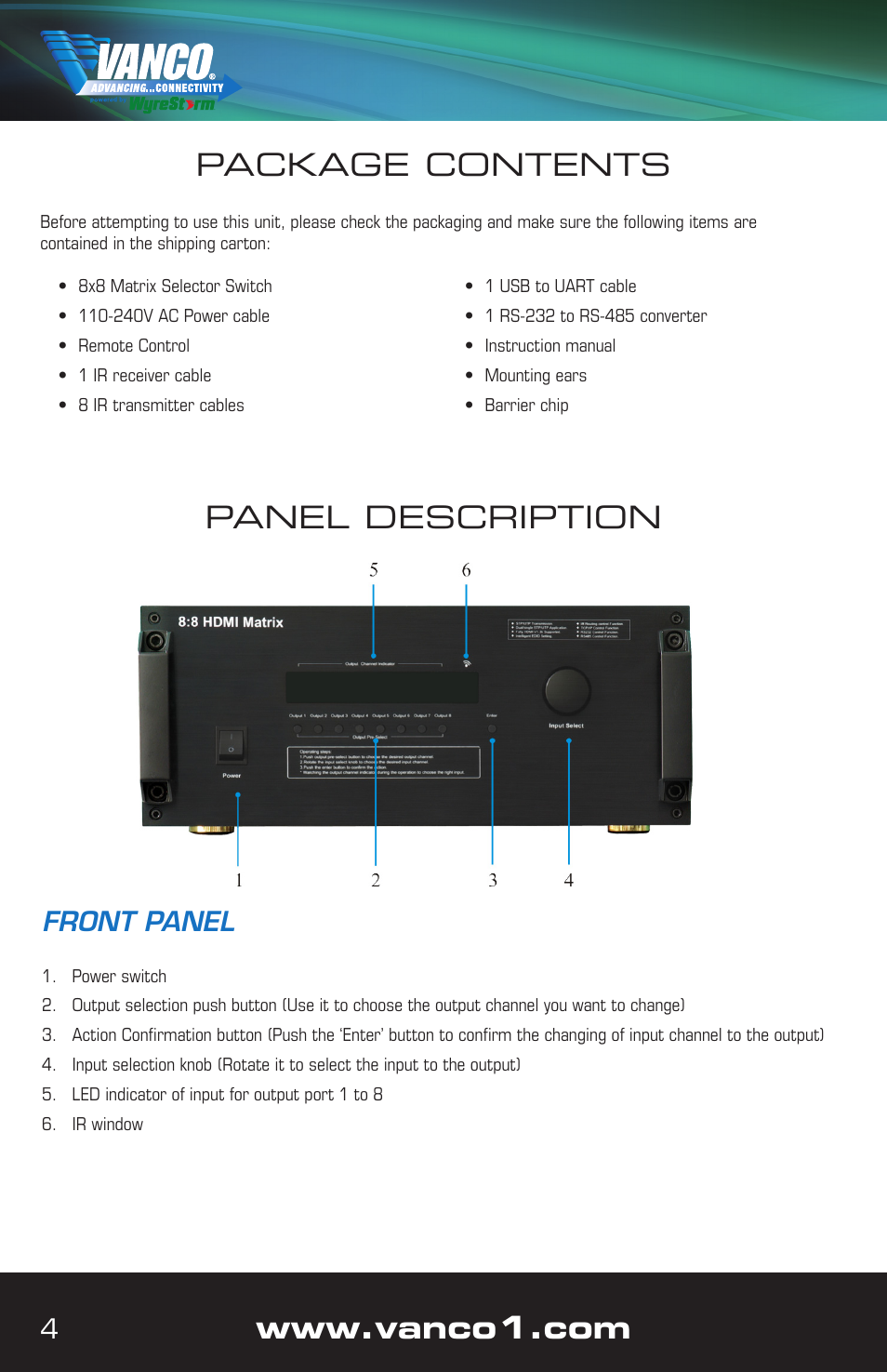 Package contents, Panel description | VANCO VPW-280709 (8X8) User Manual | Page 4 / 20