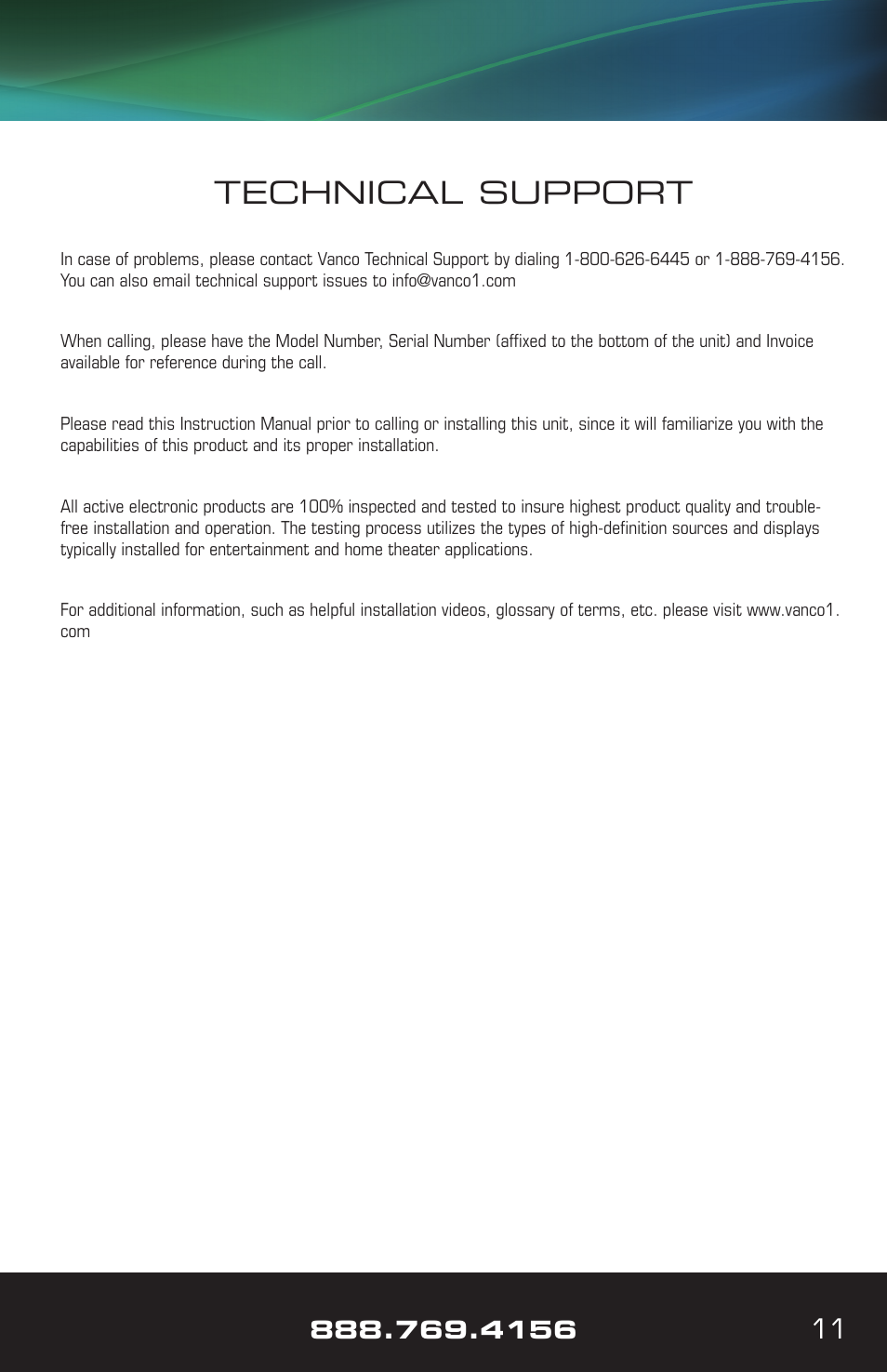Technical support | VANCO VPW-280782 (1x2) User Manual | Page 11 / 12