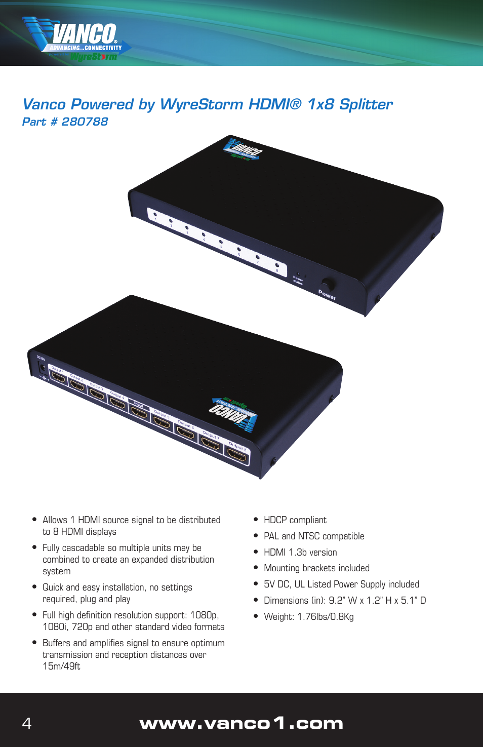 4vanco powered by wyrestorm hdmi® 1x8 splitter | VANCO VPW-280782 (1x2) User Manual | Page 4 / 12