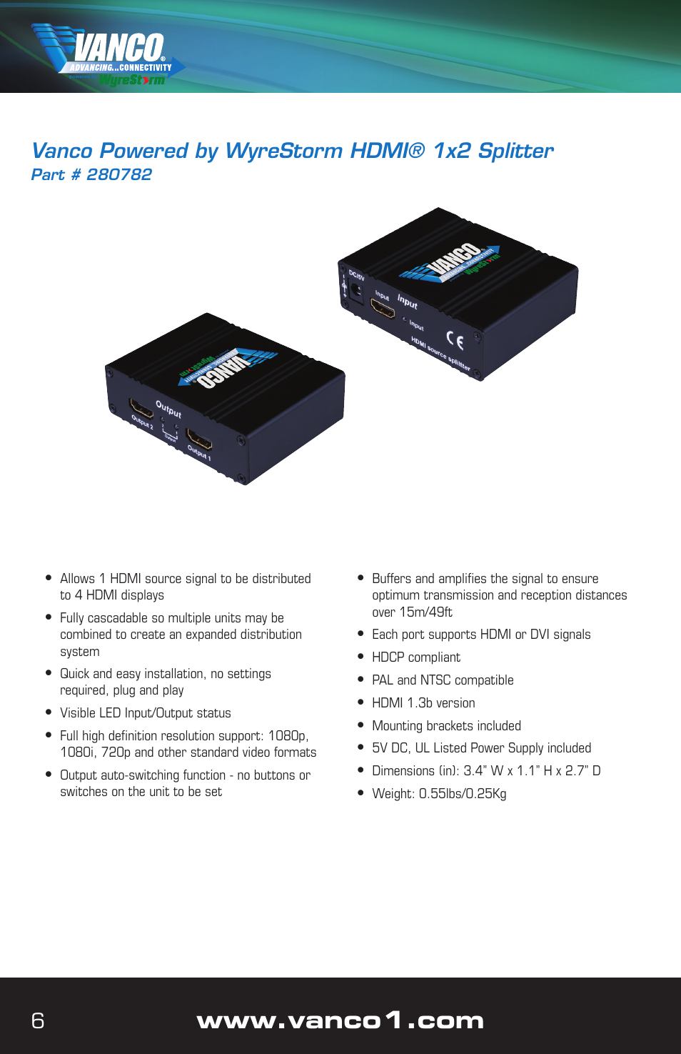 6vanco powered by wyrestorm hdmi® 1x2 splitter | VANCO VPW-280782 (1x2) User Manual | Page 6 / 12