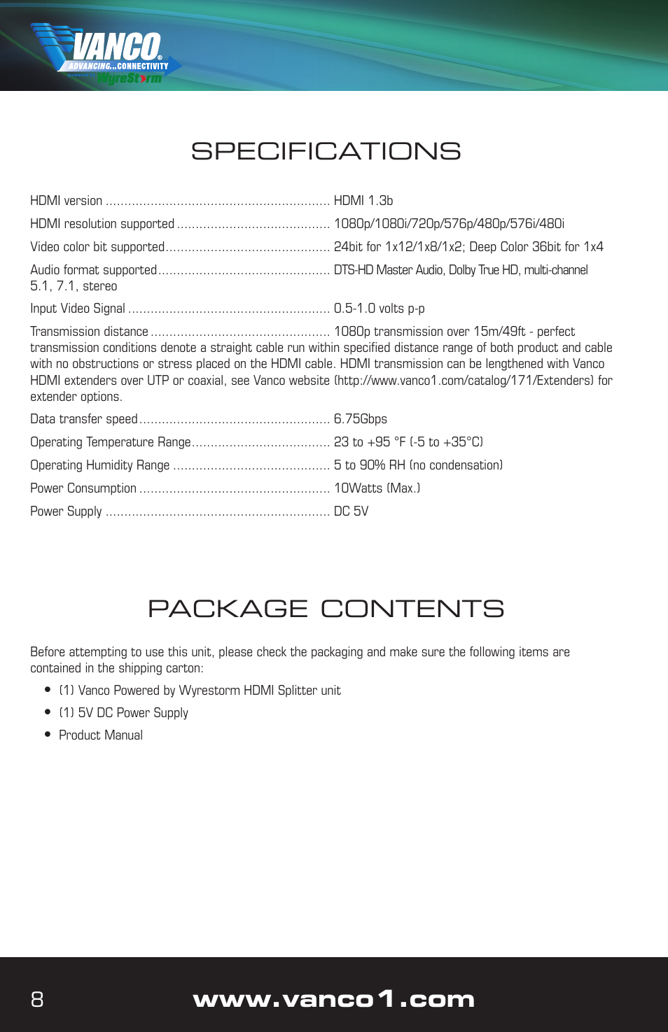 Package contents, Specifications | VANCO VPW-280782 (1x2) User Manual | Page 8 / 12