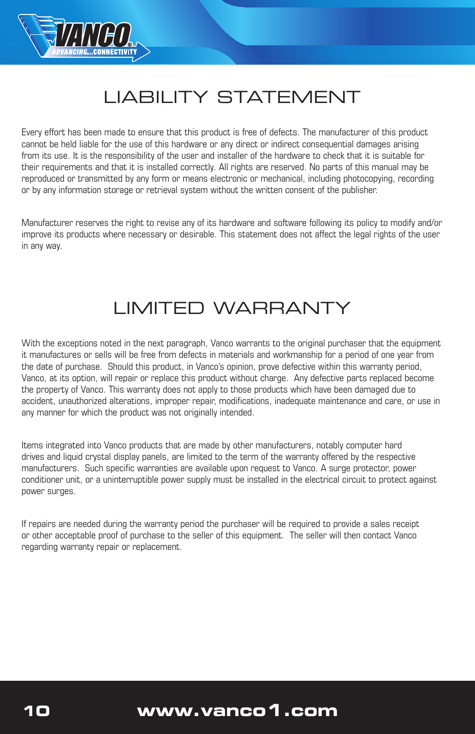 Limited warranty, Liability statement | VANCO 280711 (3x1) User Manual | Page 10 / 12
