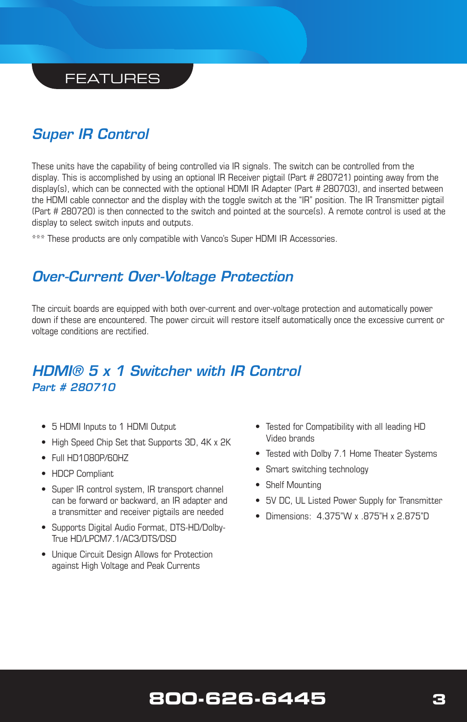 Super ir control, Over-current over-voltage protection, Hdmi® 5 x 1 switcher with ir control | VANCO 280711 (3x1) User Manual | Page 3 / 12
