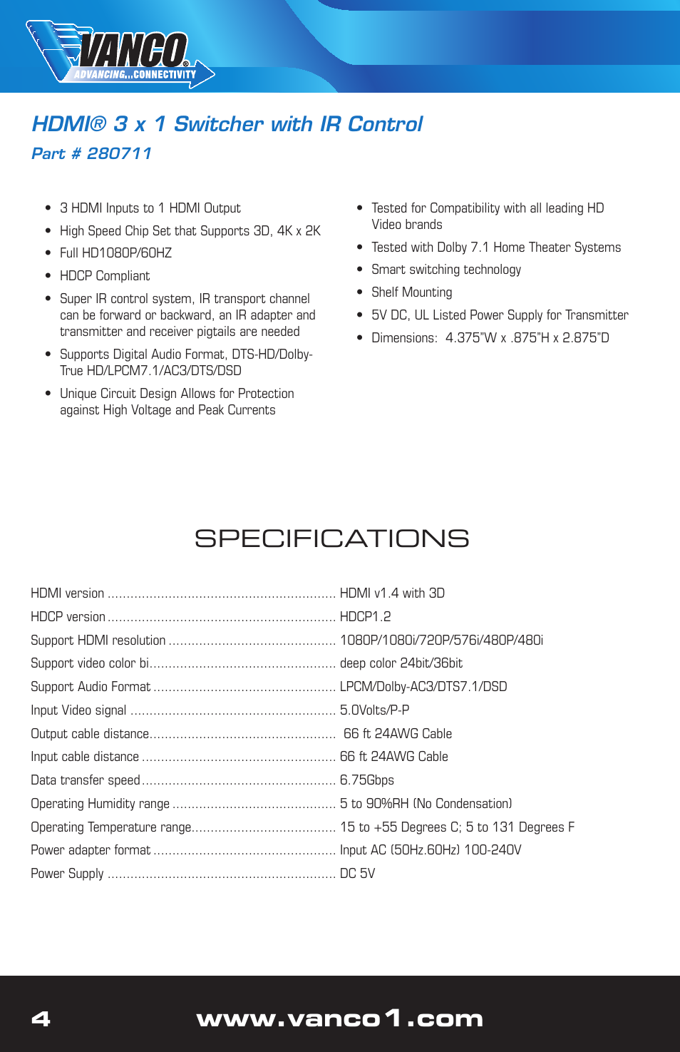 Specifications, 4hdmi® 3 x 1 switcher with ir control | VANCO 280711 (3x1) User Manual | Page 4 / 12