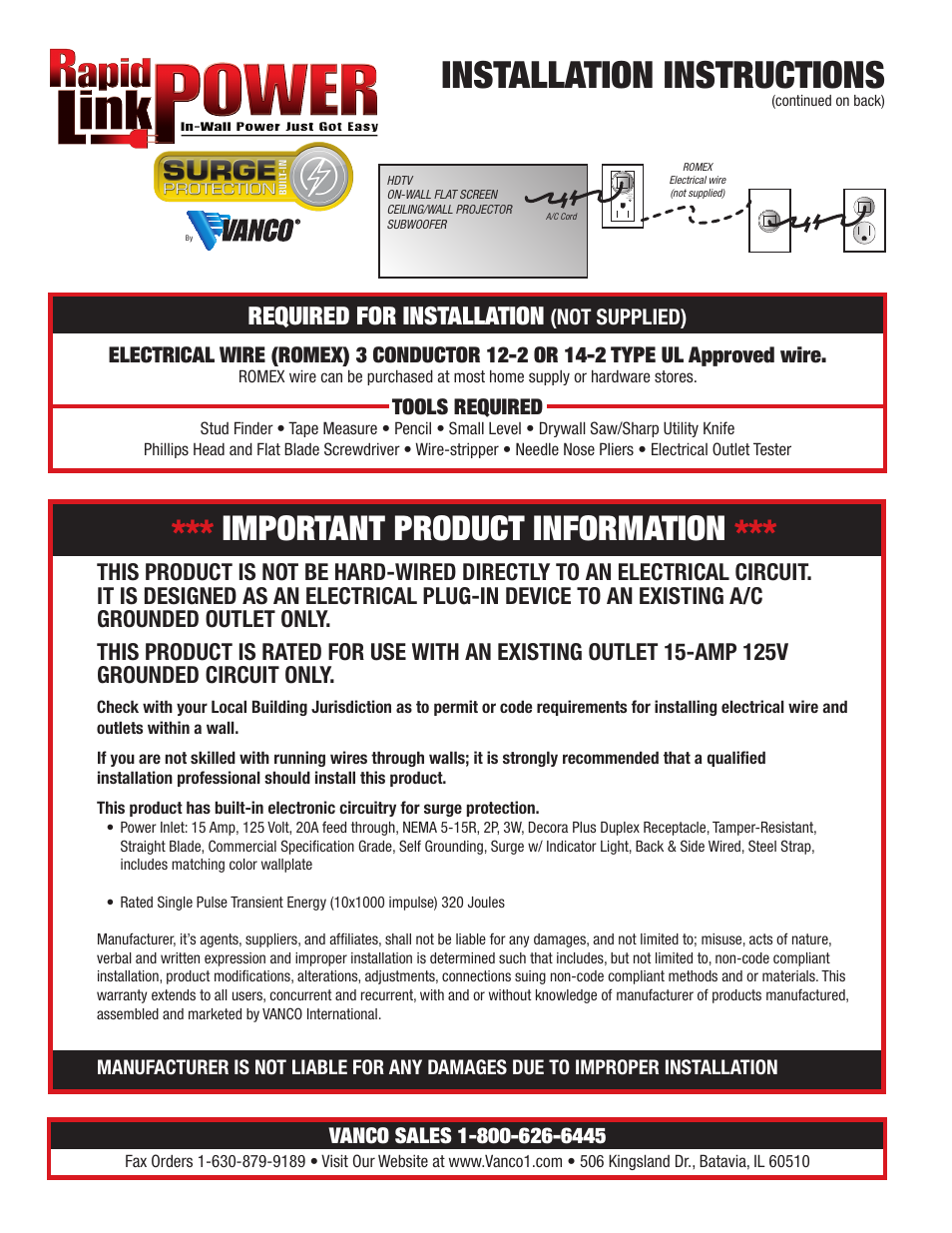 VANCO Rapid Link with Surge User Manual | 2 pages