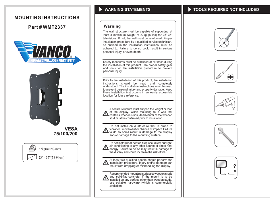 VANCO WMT2337 User Manual | 2 pages