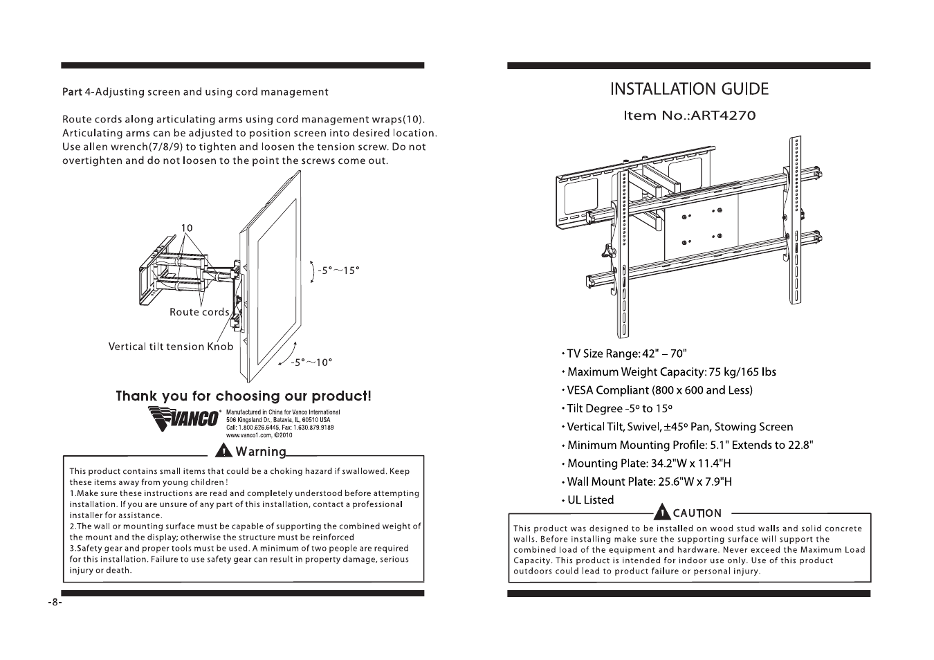 VANCO ART4270 User Manual | 4 pages