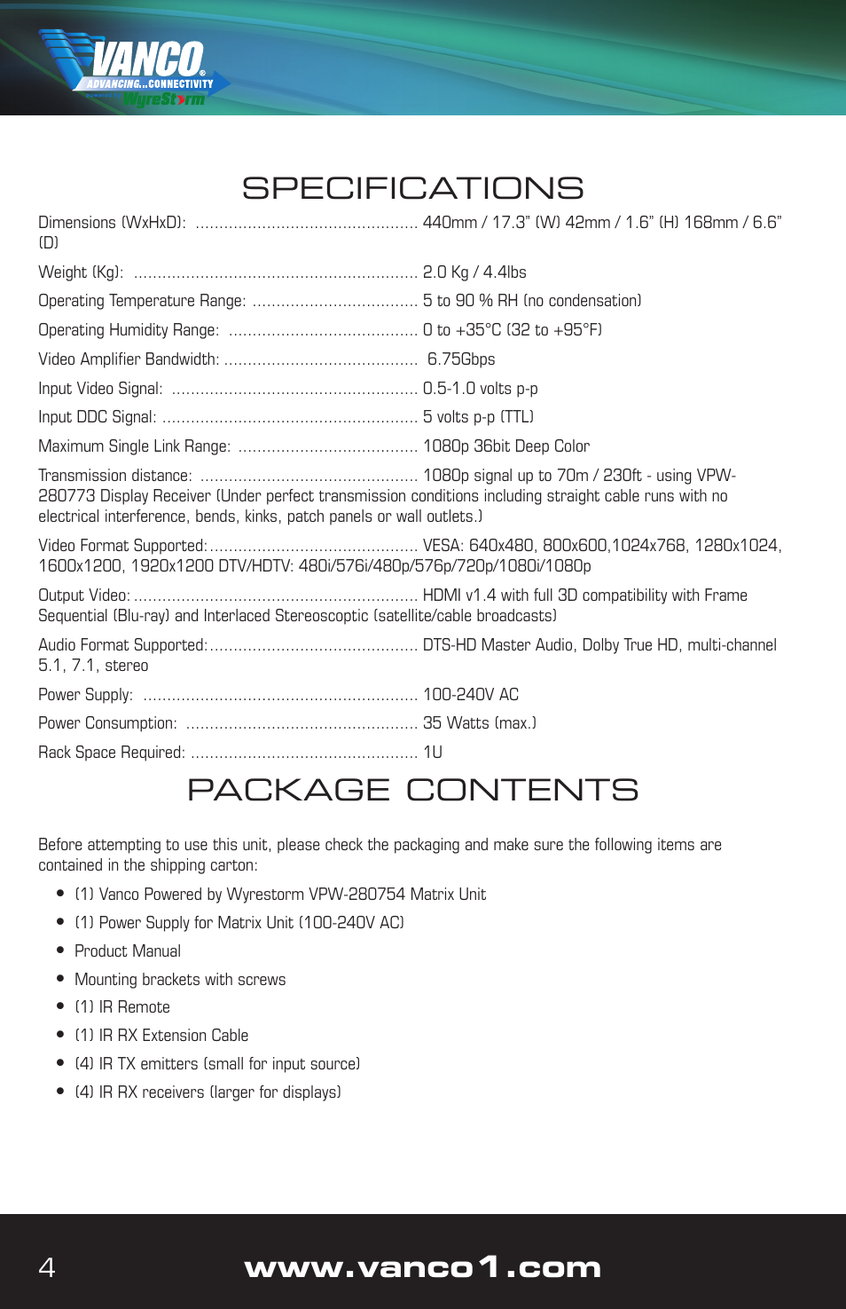 Package contents, Specifications | VANCO VPW-280754 User Manual | Page 4 / 20