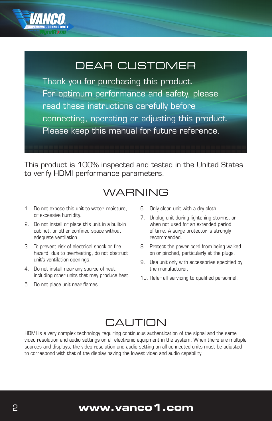 Caution, Warning, Dear customer | VANCO VPW-280608 User Manual | Page 2 / 8