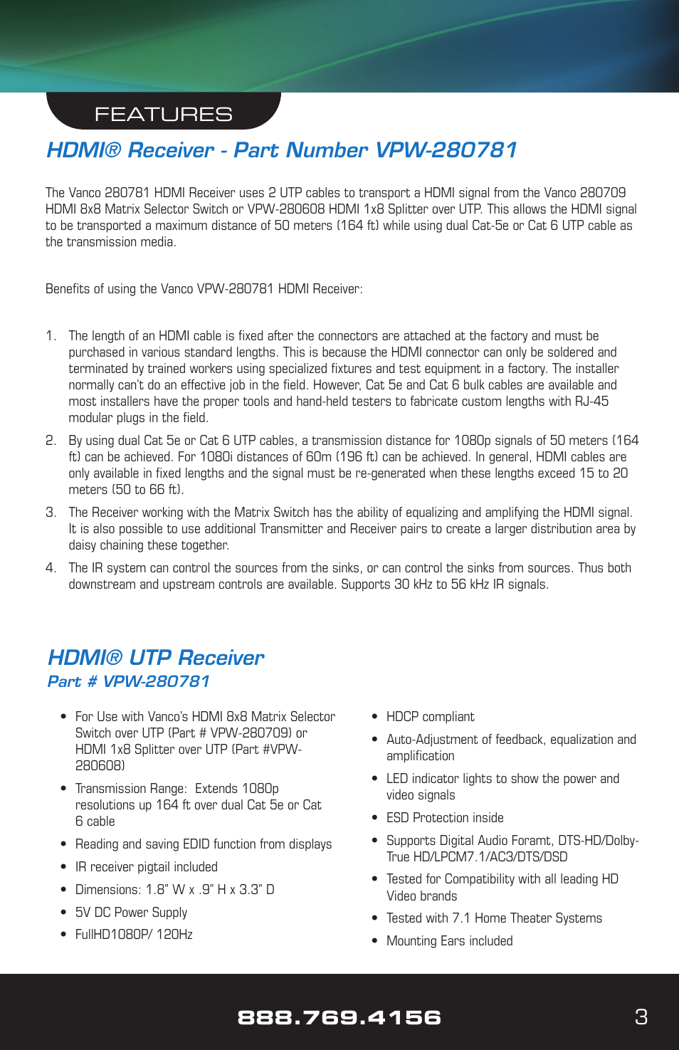 Hdmi® utp receiver, Features | VANCO VPW-280608 User Manual | Page 3 / 8