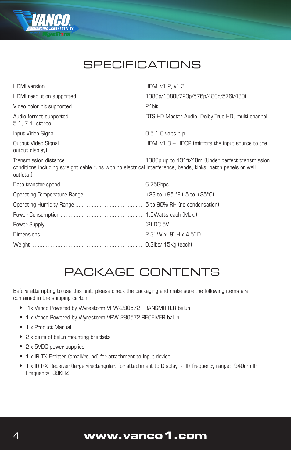 Package contents, Specifications | VANCO VPW-280572 User Manual | Page 4 / 12