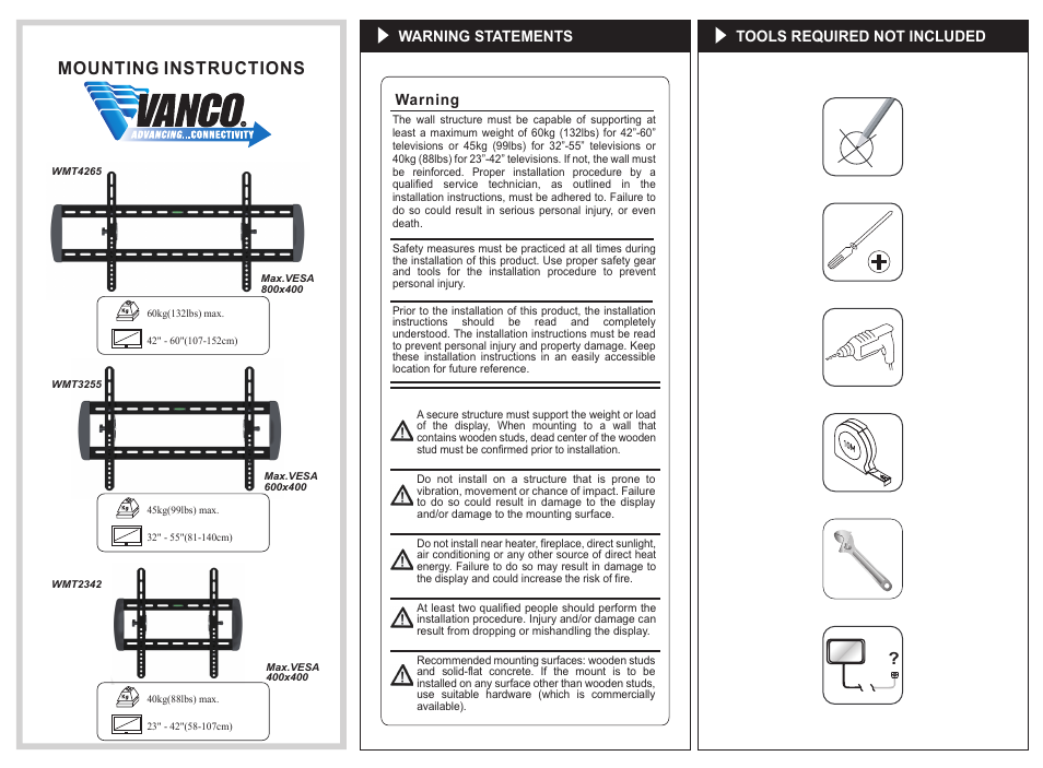 VANCO WMT2342 User Manual | 2 pages