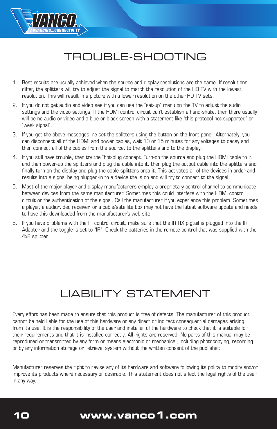 Liability statement, Trouble-shooting | VANCO 280702 (1x2) User Manual | Page 10 / 12