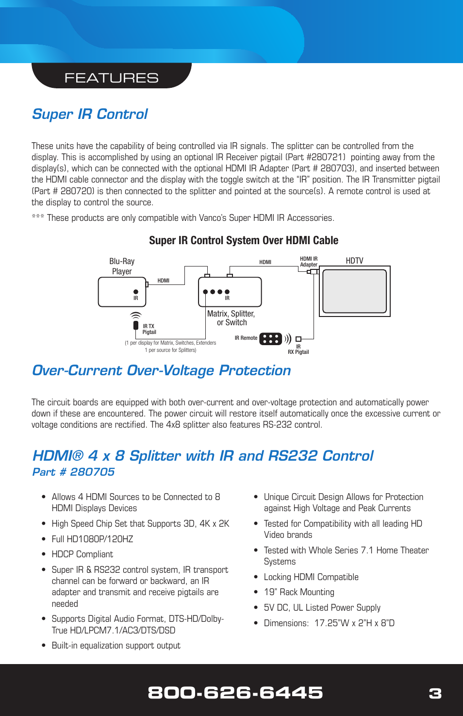 Super ir control, Over-current over-voltage protection, Features | Super ir control system over hdmi cable | VANCO 280702 (1x2) User Manual | Page 3 / 12