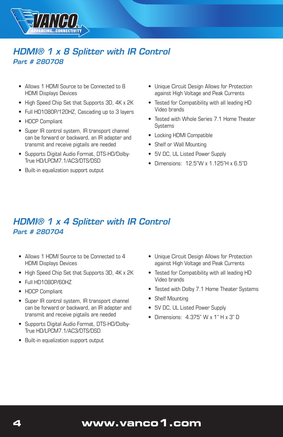 4hdmi® 1 x 8 splitter with ir control, Hdmi® 1 x 4 splitter with ir control | VANCO 280702 (1x2) User Manual | Page 4 / 12