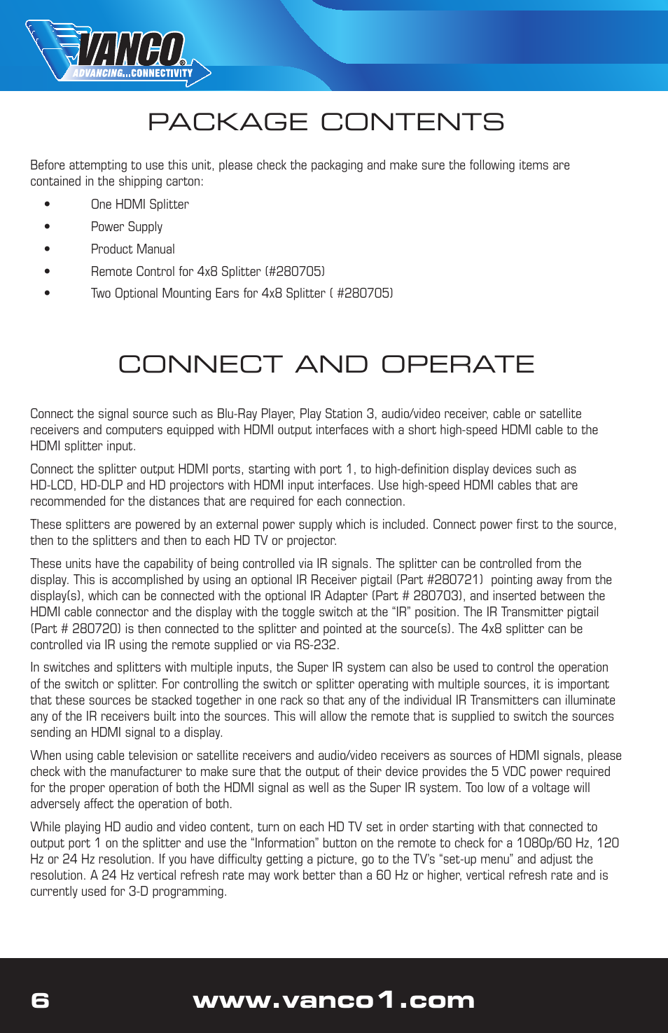 Package contents, Connect and operate | VANCO 280702 (1x2) User Manual | Page 6 / 12