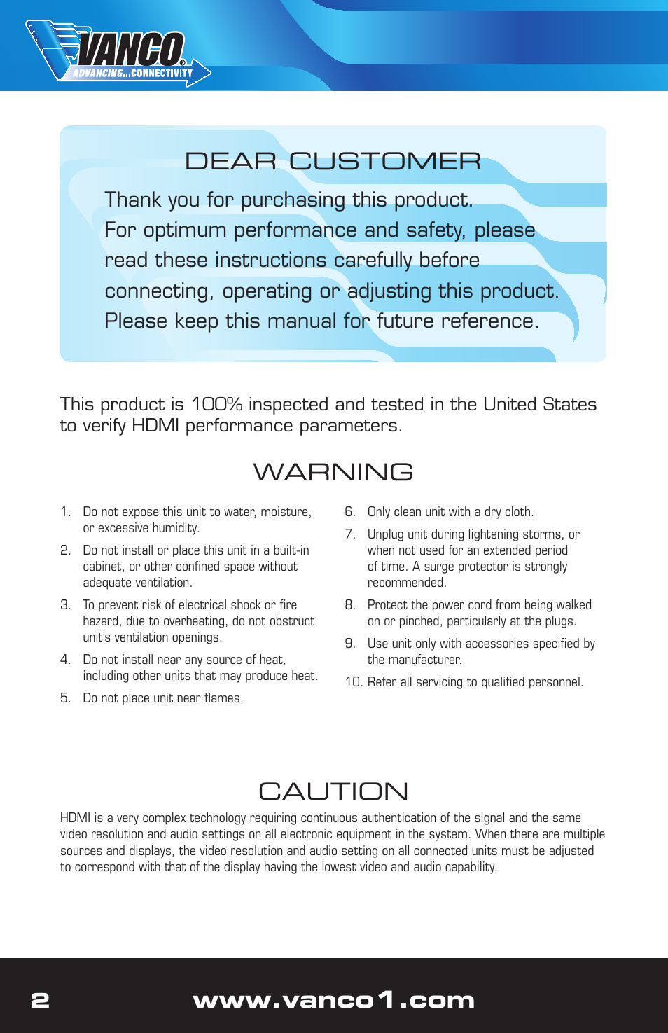 Caution, Warning dear customer | VANCO VPW-280781 User Manual | Page 2 / 8
